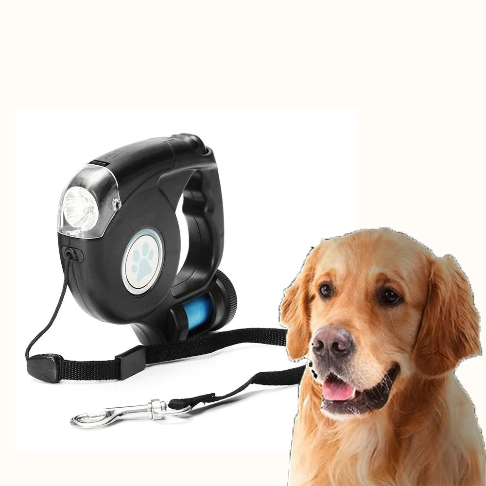 LAISSE POUR CHIEN avec lampe de poche LED multifonctionnelle extensible rétractable.