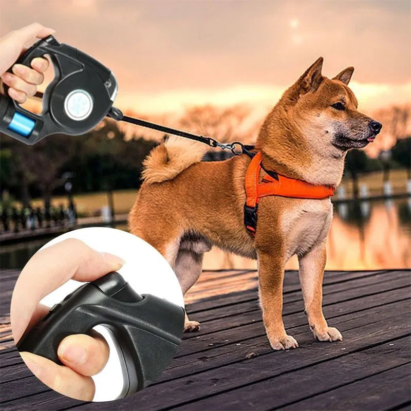 LAISSE POUR CHIEN avec lampe de poche LED multifonctionnelle extensible rétractable.